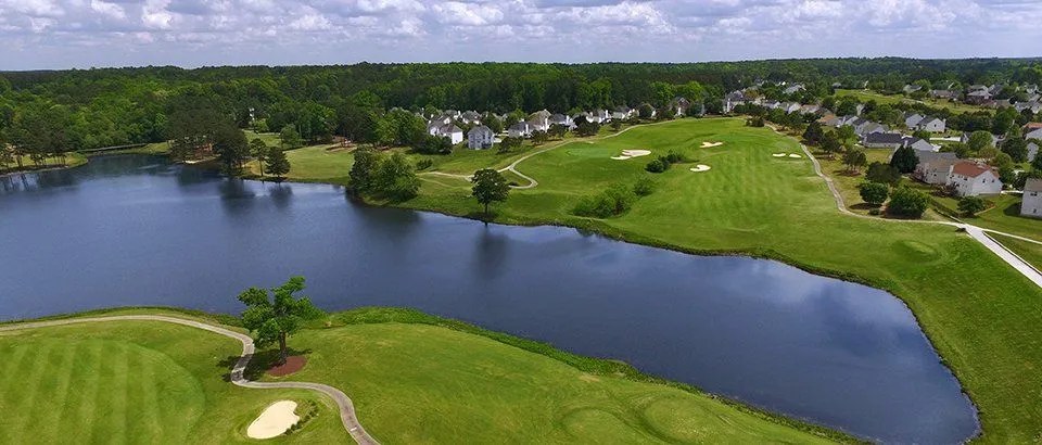 Aerial view of Country Club of Gwinnett, its lake and surrounding fairways